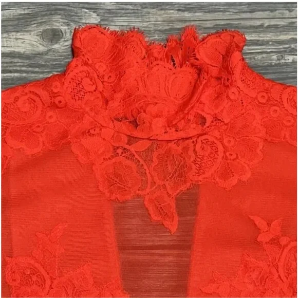 NWT $148 Free People Take HAH Bow Bodysuit Large Red Sheer Lace S L XL - Picture 10 of 11